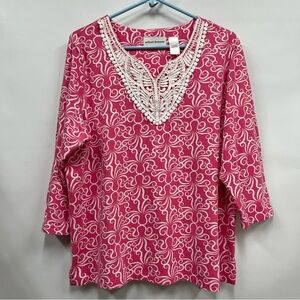Alfred Dunner size L Pink & White Octopus Print 3/4 Sleeve Top/Shirt